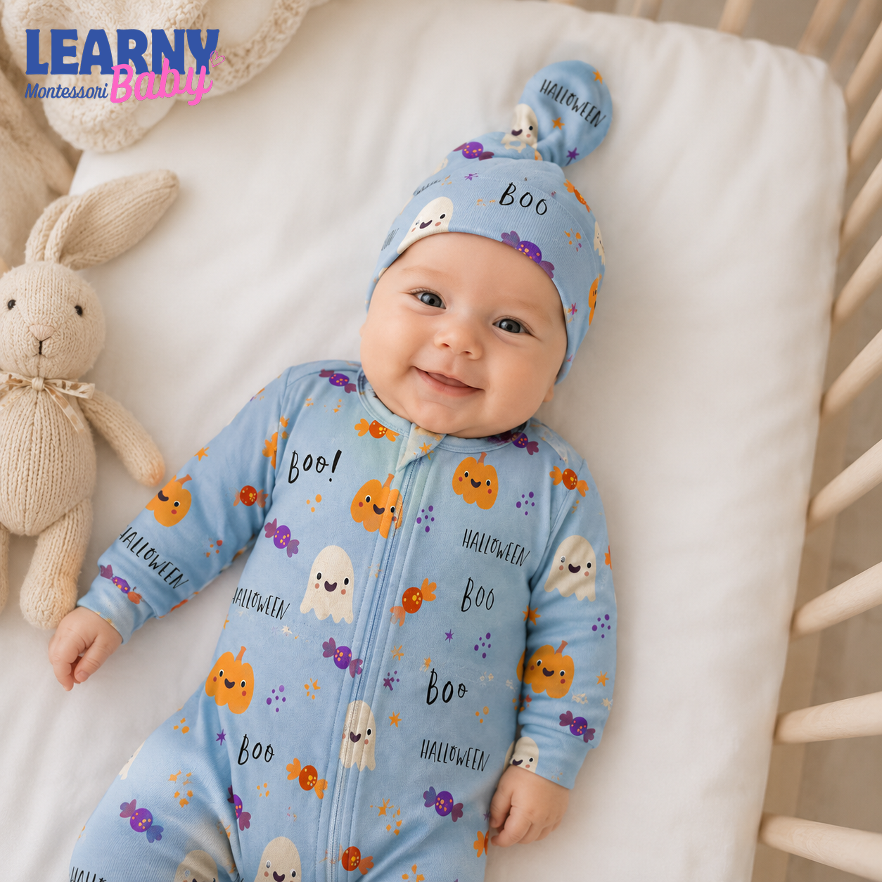 Blue Halloween Bamboo Baby Knotted Hat, Cute Ghost Pumpkin Newborn Beanie, Baby Halloween Coming Home Outfit Accessory