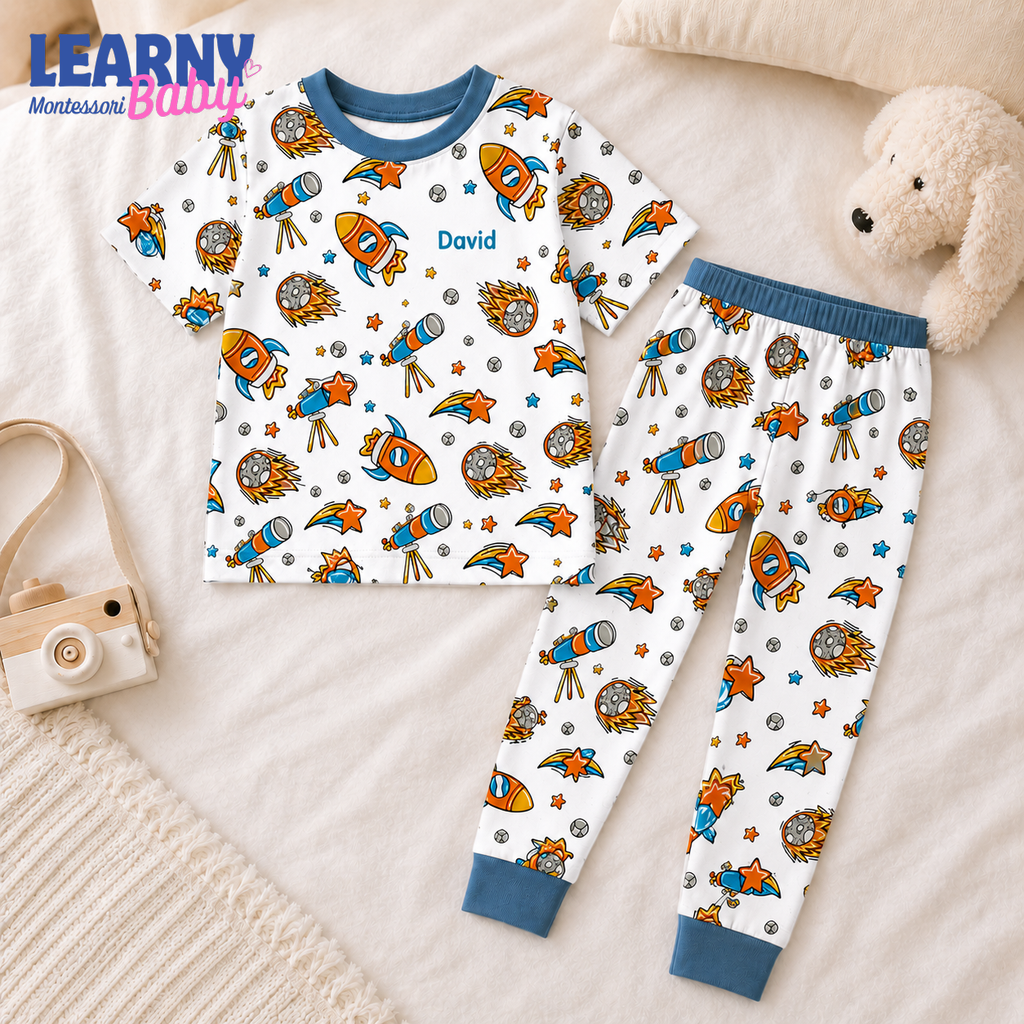 Personalized Space Bamboo Pajamas for Kids, Custom Name Rocket Telescope and Galaxy Short Sleeve Sleepwear Set