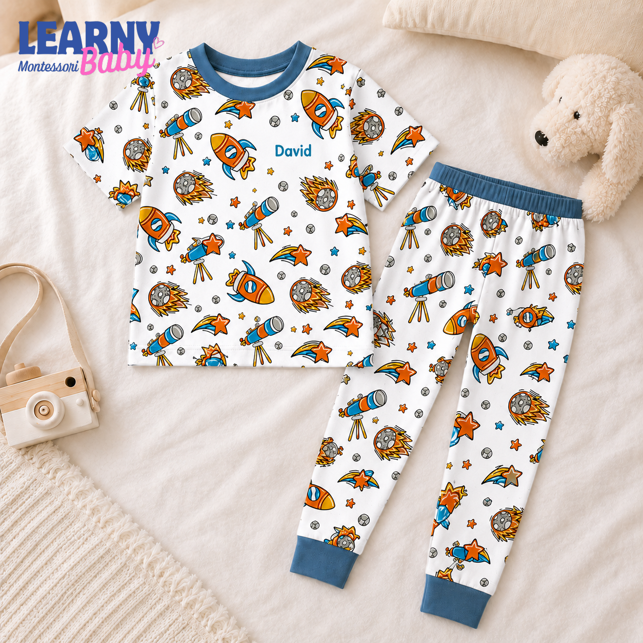 Personalized Space Bamboo Pajamas for Kids, Custom Name Rocket Telescope and Galaxy Short Sleeve Sleepwear Set