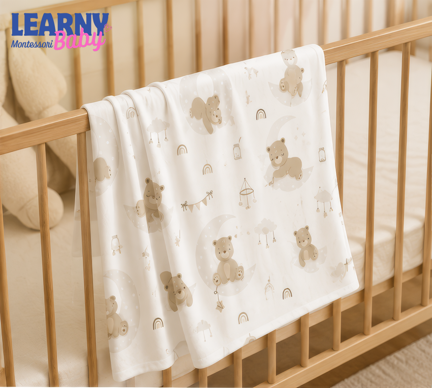 Sleepy Bear Bamboo Baby Blanket, Neutral Moon and Rainbow Nursery Blanket, Soft Newborn Receiving Blanket, Baby Shower Gift