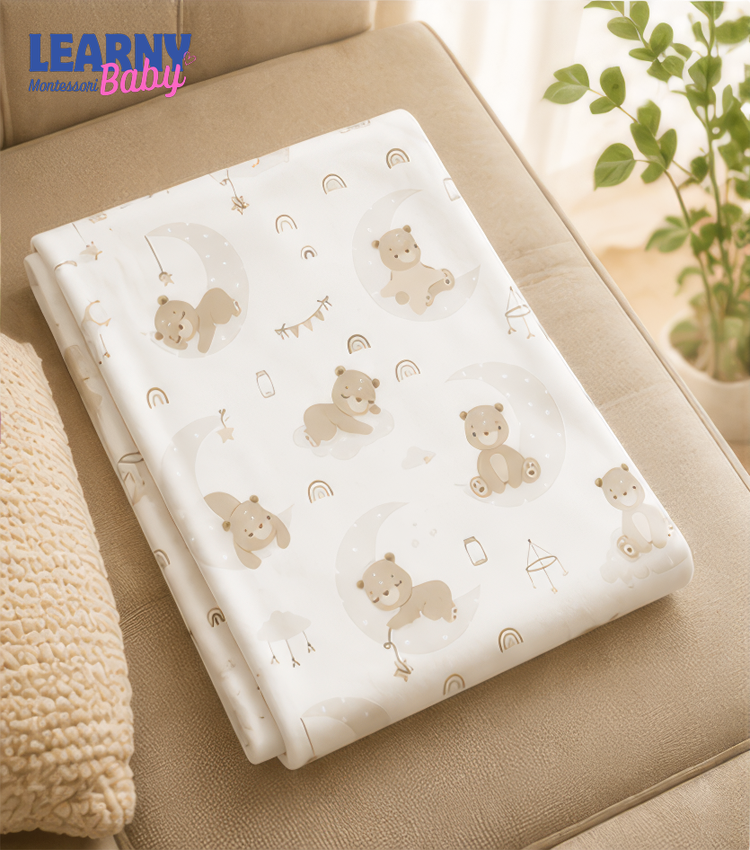Sleepy Bear Bamboo Baby Blanket, Neutral Moon and Rainbow Nursery Blanket, Soft Newborn Receiving Blanket, Baby Shower Gift