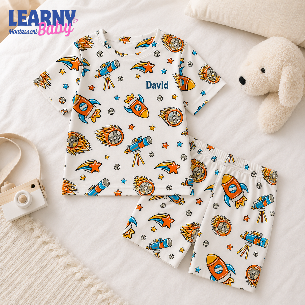 Personalized Space Bamboo Pajamas for Kids, Custom Name Rocket Telescope and Galaxy Short Sleeve Sleepwear Set