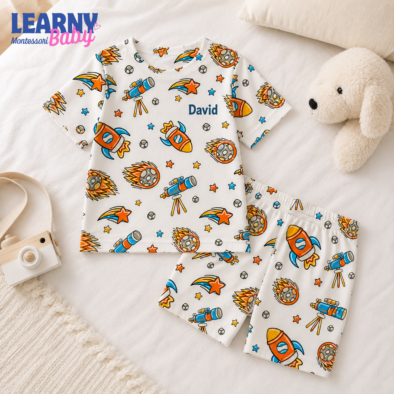 Personalized Space Bamboo Pajamas for Kids, Custom Name Rocket Telescope and Galaxy Short Sleeve Sleepwear Set