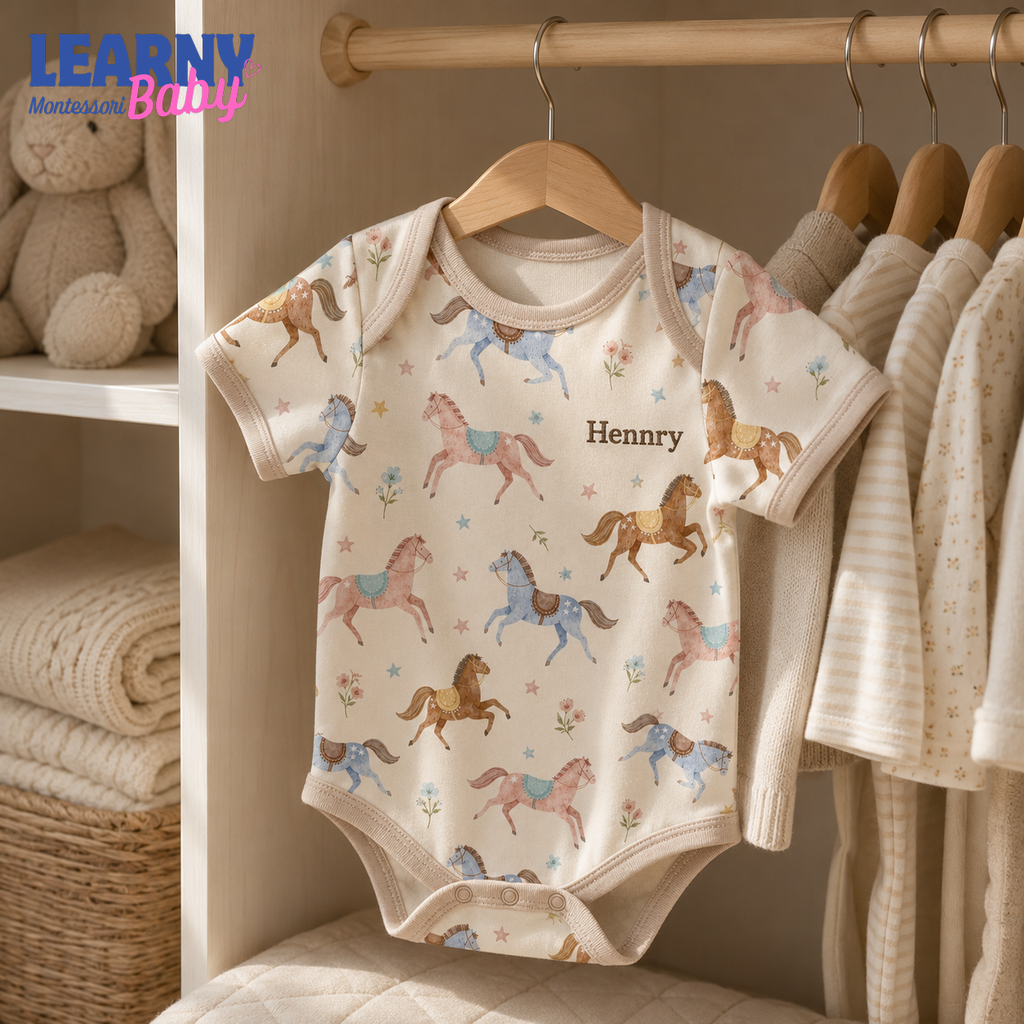 Bamboo Baby Bodysuit, Personalized Horse Baby Onesie, Soft Bamboo Viscose Newborn Bodysuit