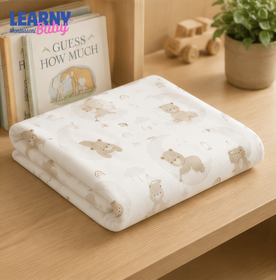 Sleepy Bear Bamboo Baby Blanket, Neutral Moon and Rainbow Nursery Blanket, Soft Newborn Receiving Blanket, Baby Shower Gift