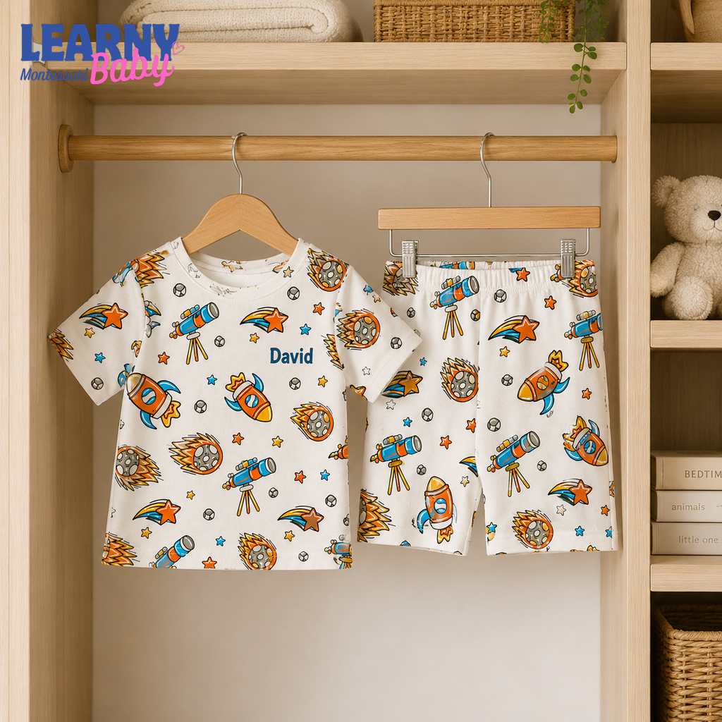 Personalized Space Bamboo Pajamas for Kids, Custom Name Rocket Telescope and Galaxy Short Sleeve Sleepwear Set
