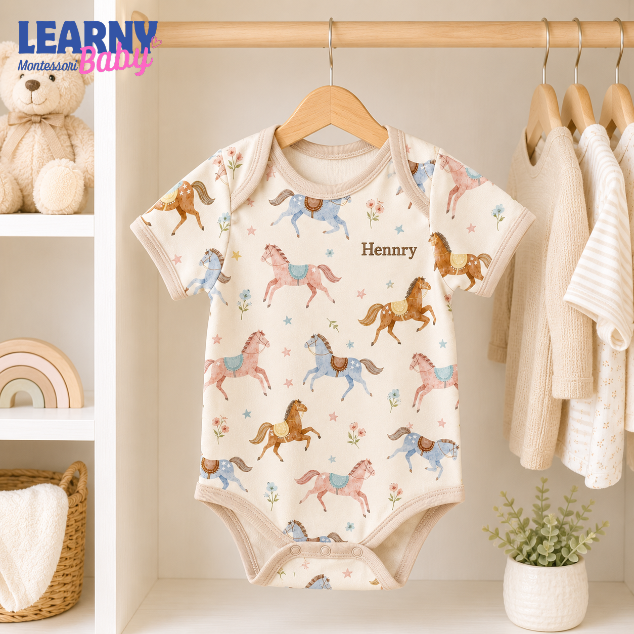 Bamboo Baby Bodysuit, Personalized Horse Baby Onesie, Soft Bamboo Viscose Newborn Bodysuit