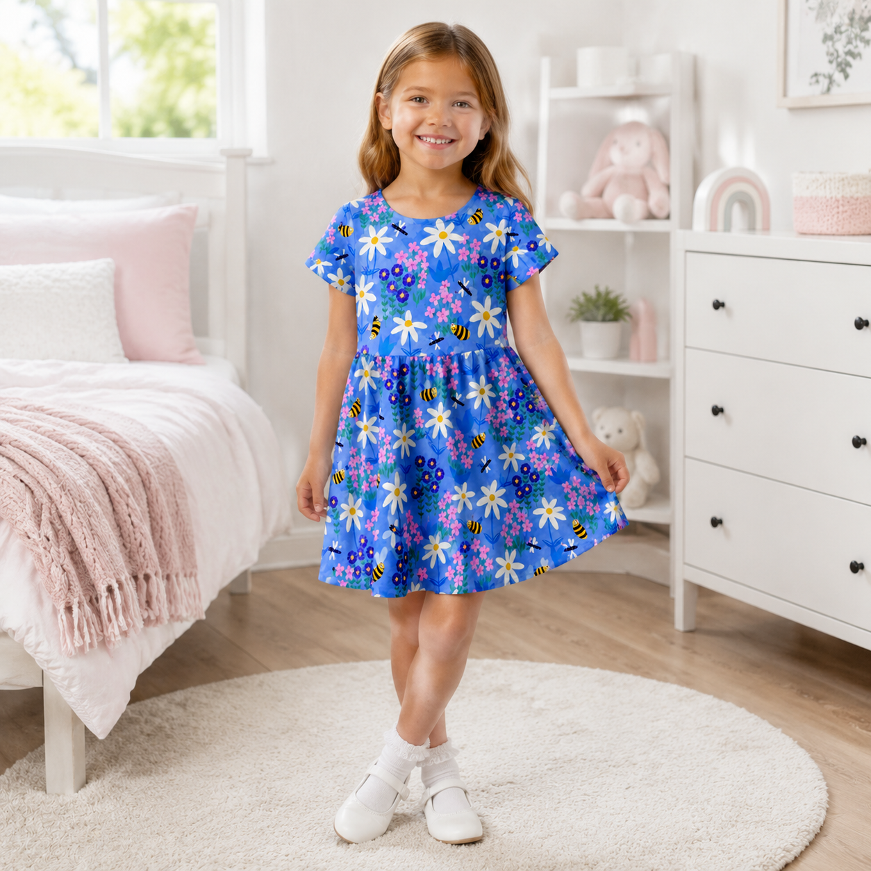 Bee & Daisy Garden Bamboo Twirl Dress for Girls – Blue Floral Skater Dress