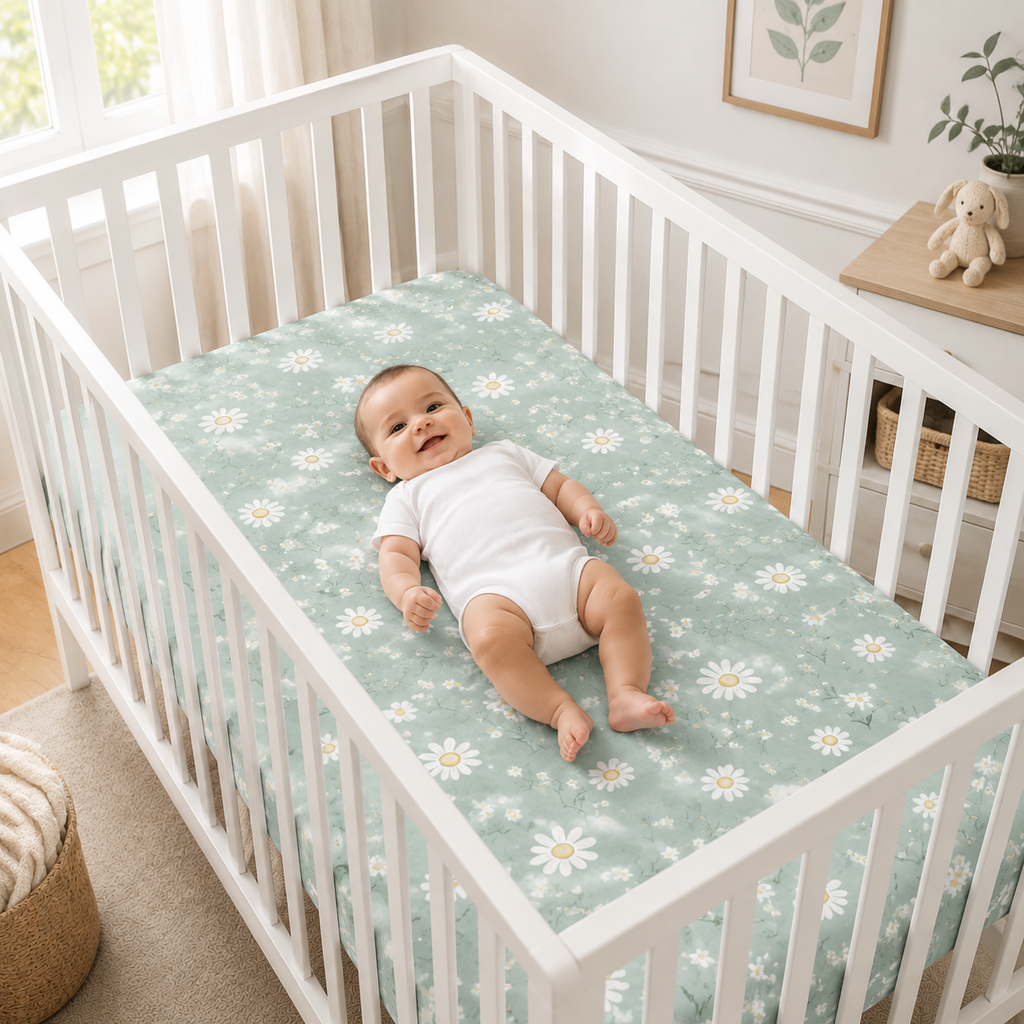 Sage Green Daisy Bamboo Fitted Crib Sheet – Floral Baby Nursery Bedding