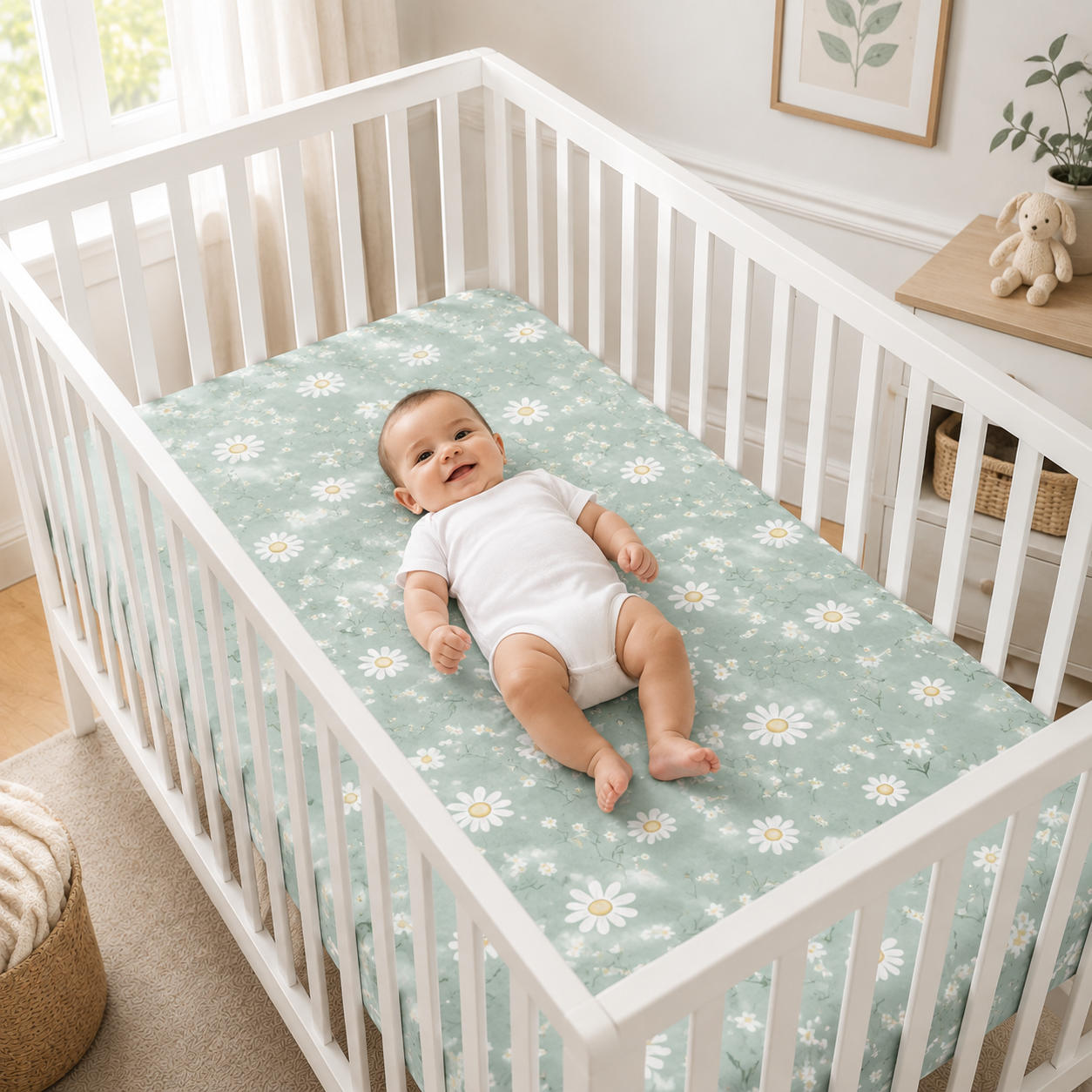 Sage Green Daisy Bamboo Fitted Crib Sheet – Floral Baby Nursery Bedding