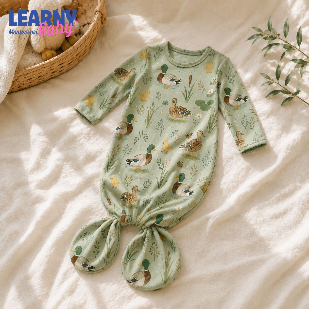 Newborn Baby Knotted Gown, Mallard Duck Bamboo Sleeper, Woodland Baby Coming Home Outfit