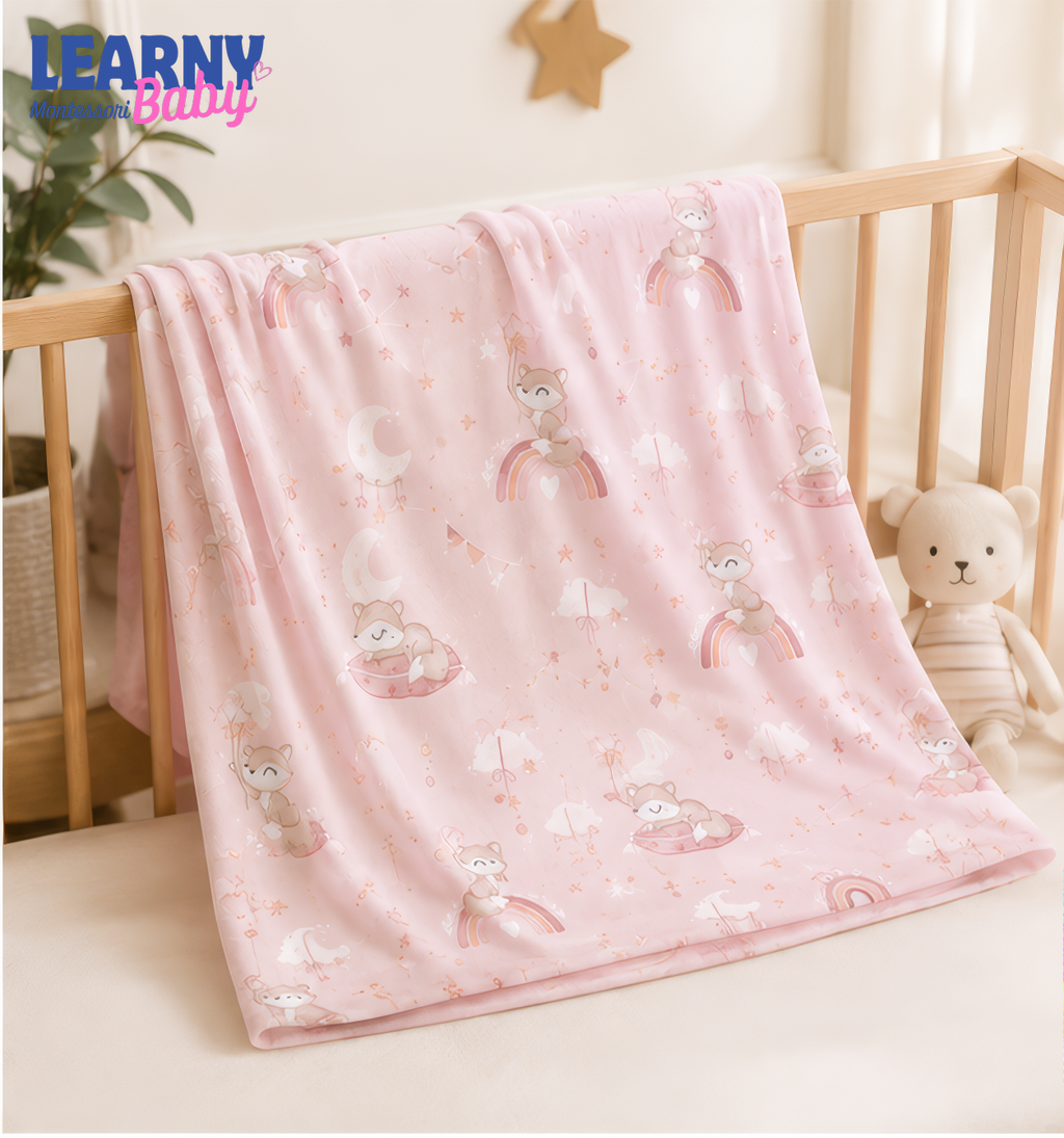 Pink Woodland Bamboo Baby Blanket, Cute Raccoon and Rainbow Nursery Blanket, Soft Baby Girl Receiving Blanket, Newborn Gift