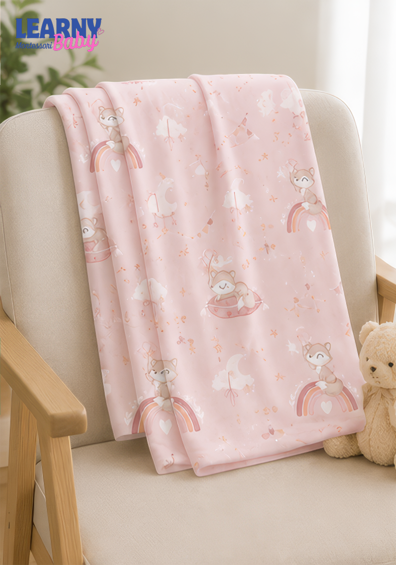 Pink Woodland Bamboo Baby Blanket, Cute Raccoon and Rainbow Nursery Blanket, Soft Baby Girl Receiving Blanket, Newborn Gift