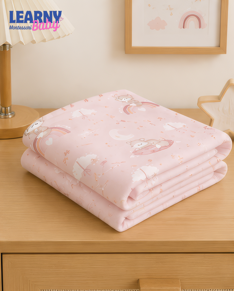 Pink Woodland Bamboo Baby Blanket, Cute Raccoon and Rainbow Nursery Blanket, Soft Baby Girl Receiving Blanket, Newborn Gift