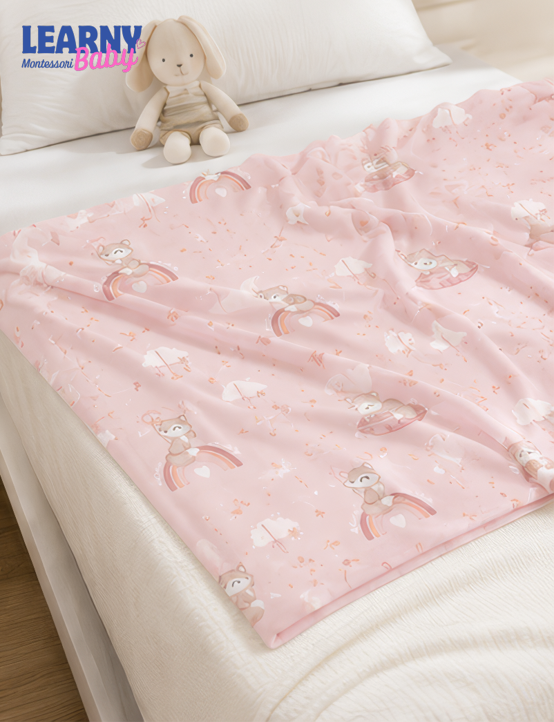 Pink Woodland Bamboo Baby Blanket, Cute Raccoon and Rainbow Nursery Blanket, Soft Baby Girl Receiving Blanket, Newborn Gift