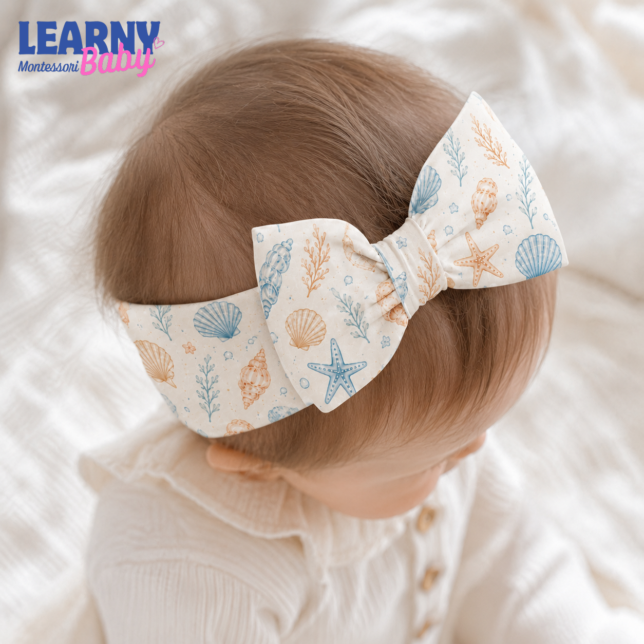 Seashell and Starfish Bamboo Baby Bow Headband, Coastal Newborn Headwrap, Ocean Baby Girl Hair Accessory