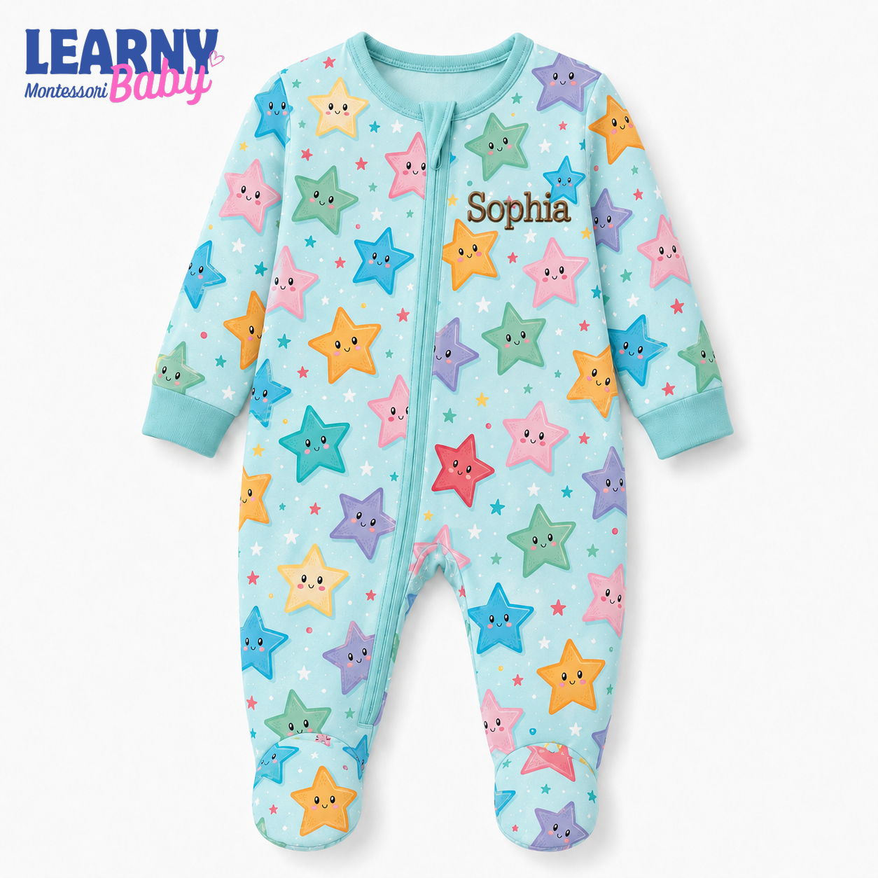 Personalized Colorful Stars Bamboo Footie Zippy for Baby, Star Baby Pajamas, Custom Name Baby Sleeper
