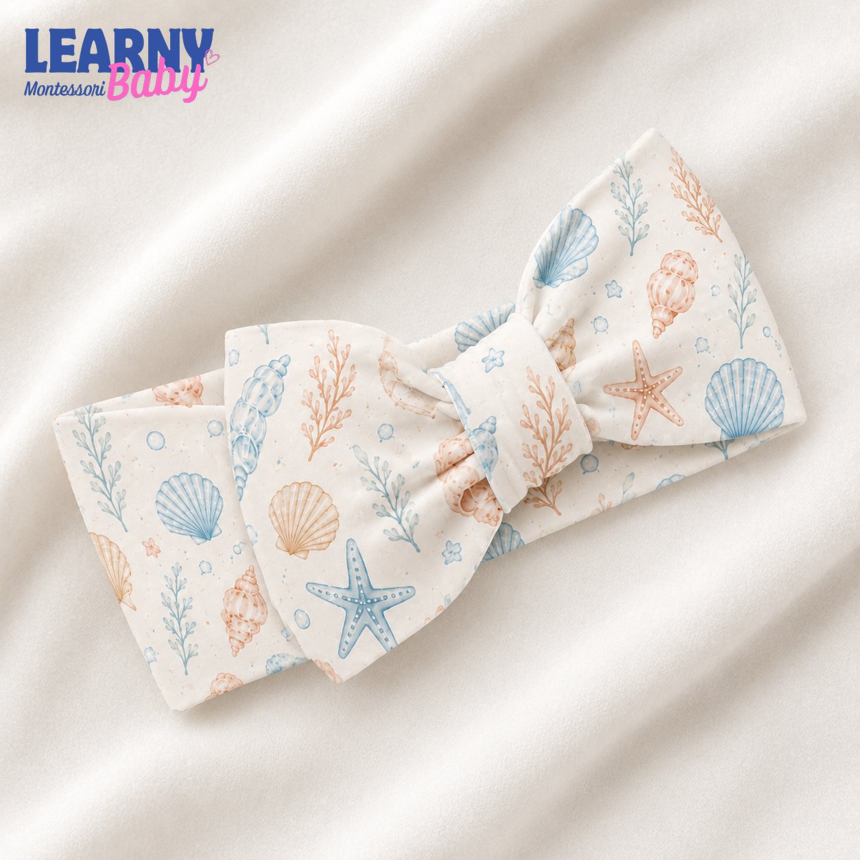 Seashell and Starfish Bamboo Baby Bow Headband, Coastal Newborn Headwrap, Ocean Baby Girl Hair Accessory
