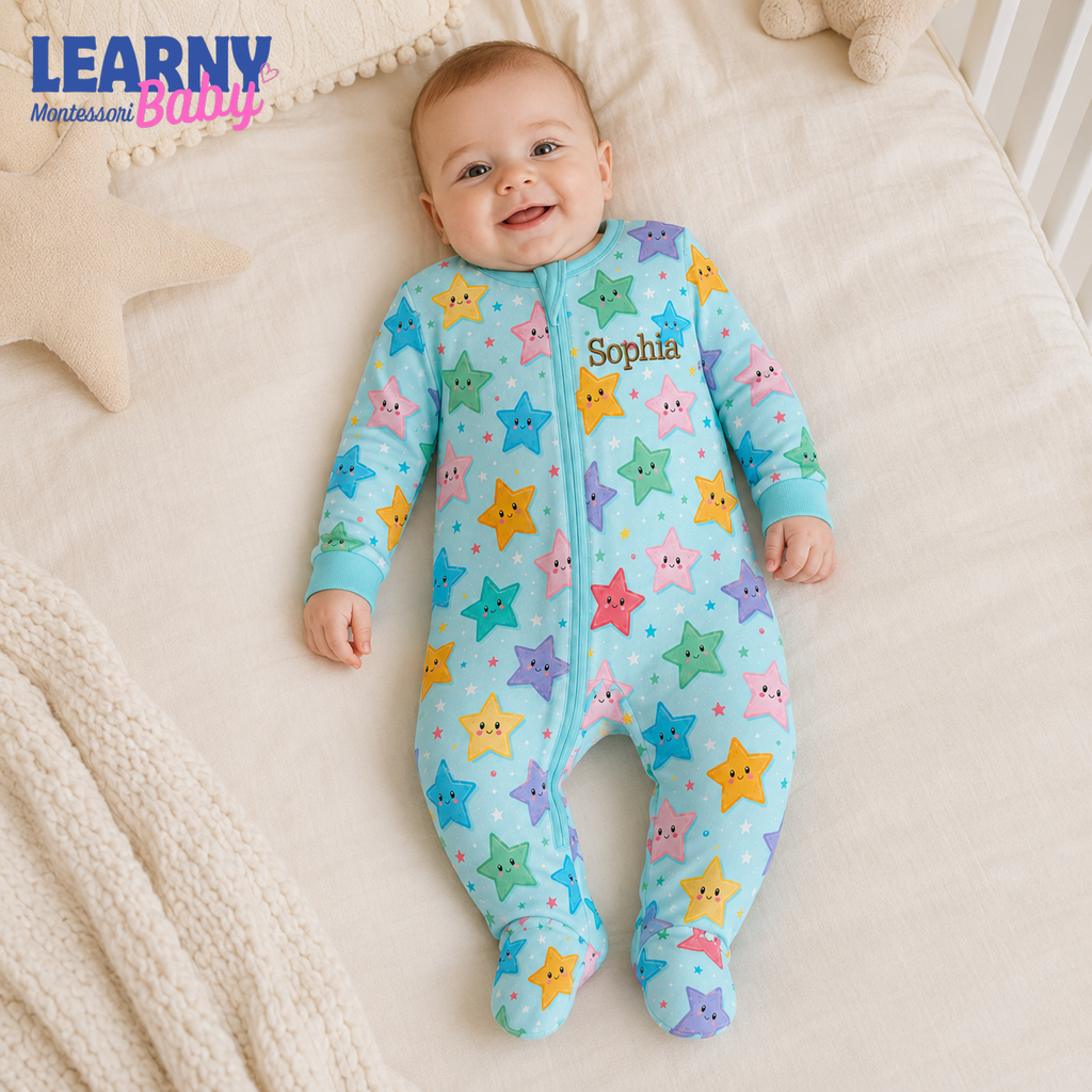 Personalized Colorful Stars Bamboo Footie Zippy for Baby, Star Baby Pajamas, Custom Name Baby Sleeper
