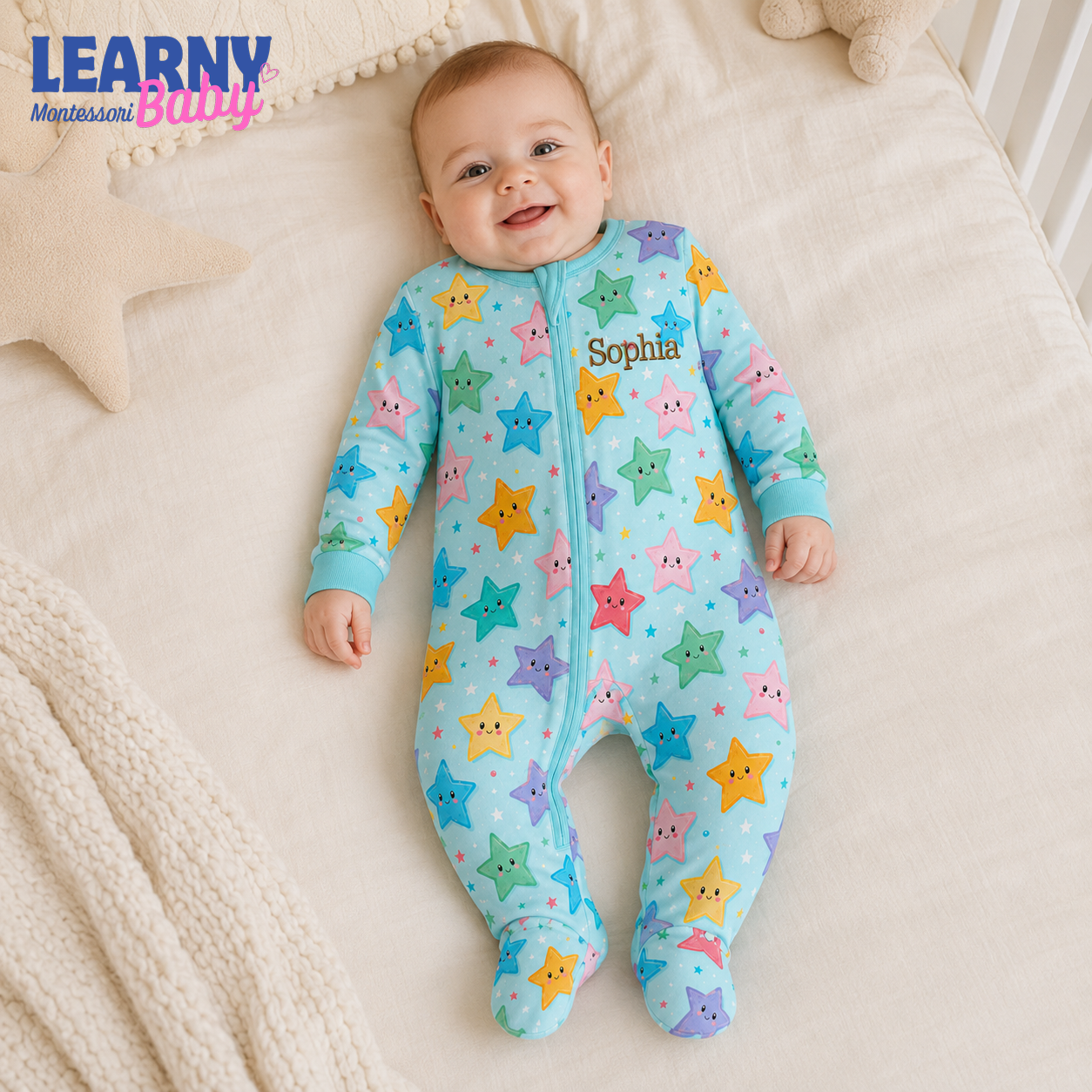 Personalized Colorful Stars Bamboo Footie Zippy for Baby, Star Baby Pajamas, Custom Name Baby Sleeper