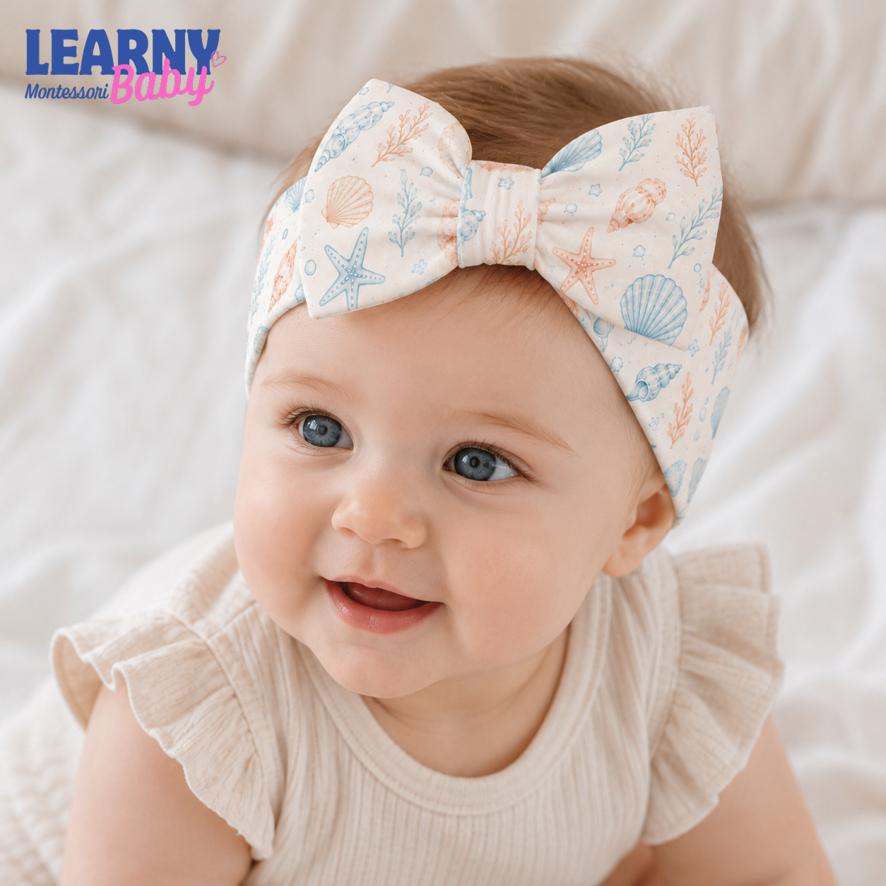 Seashell and Starfish Bamboo Baby Bow Headband, Coastal Newborn Headwrap, Ocean Baby Girl Hair Accessory