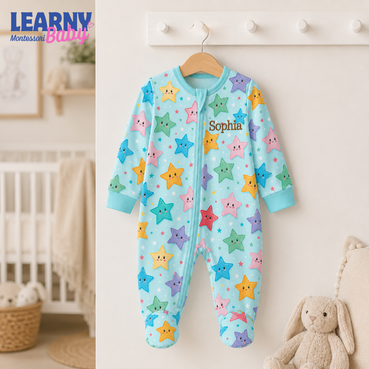 Personalized Colorful Stars Bamboo Footie Zippy for Baby, Star Baby Pajamas, Custom Name Baby Sleeper