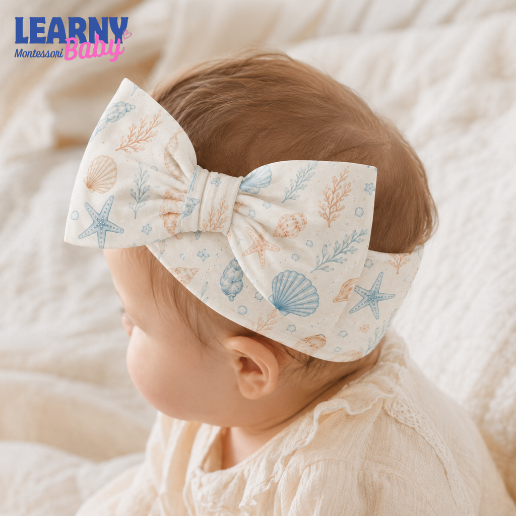 Seashell and Starfish Bamboo Baby Bow Headband, Coastal Newborn Headwrap, Ocean Baby Girl Hair Accessory