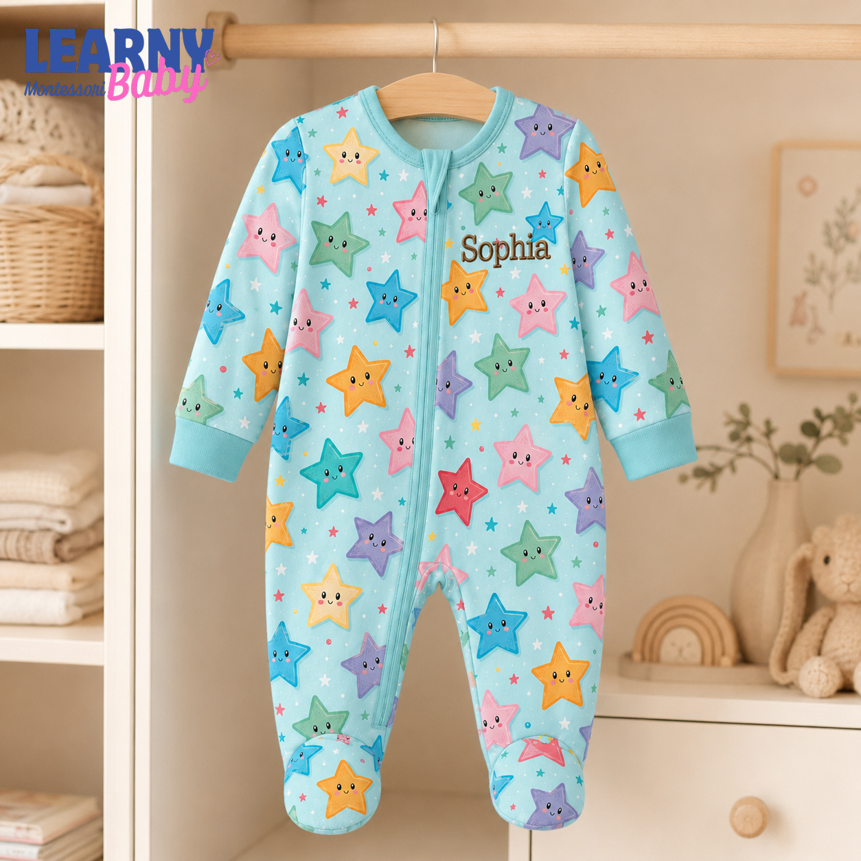 Personalized Colorful Stars Bamboo Footie Zippy for Baby, Star Baby Pajamas, Custom Name Baby Sleeper