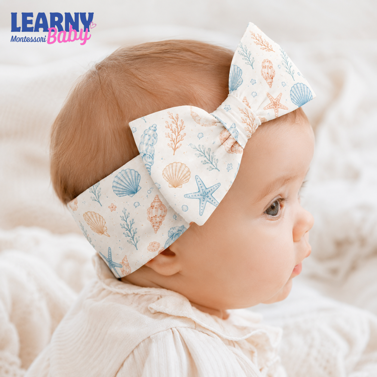 Seashell and Starfish Bamboo Baby Bow Headband, Coastal Newborn Headwrap, Ocean Baby Girl Hair Accessory
