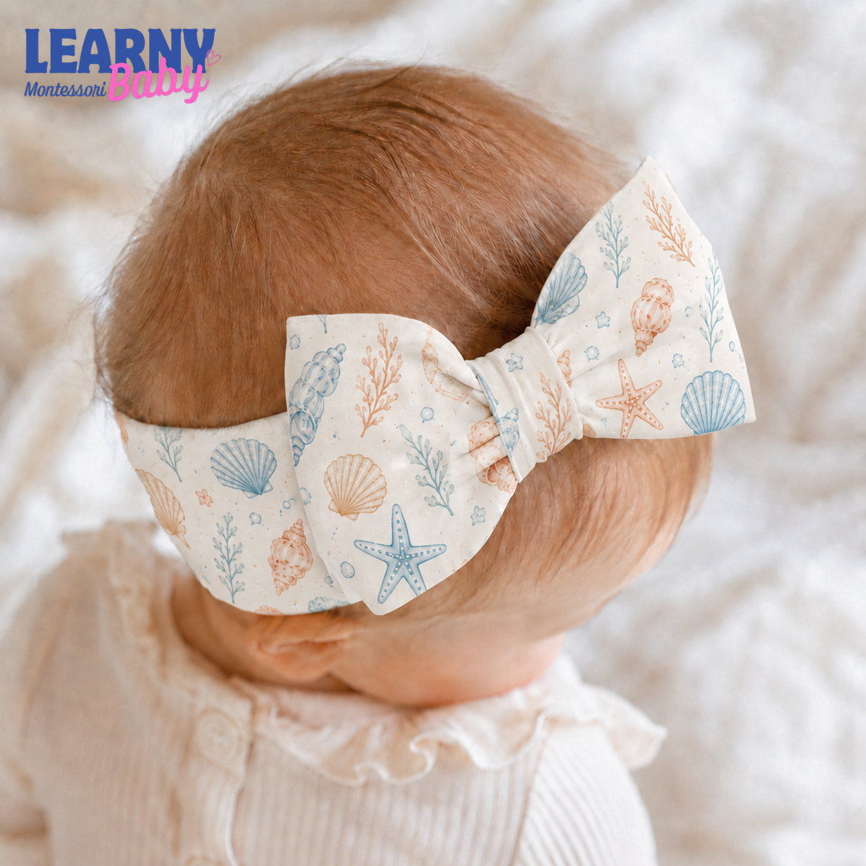 Seashell and Starfish Bamboo Baby Bow Headband, Coastal Newborn Headwrap, Ocean Baby Girl Hair Accessory