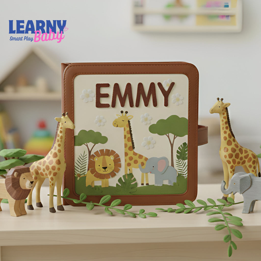 Personalized Quiet Book for Baby, Handmade Felt Quiet Book, Animal Safari Busy Book, Montessori Toy for Baby Boy Girl, Custom Name Baby Gift