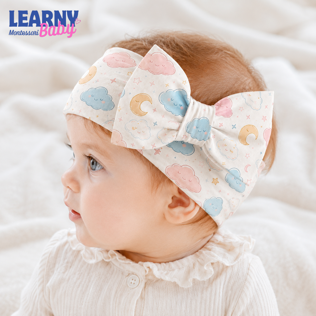 Cloud and Moon Bamboo Baby Bow Headband, Pastel Celestial Newborn Headwrap, Baby Girl Hair Accessory