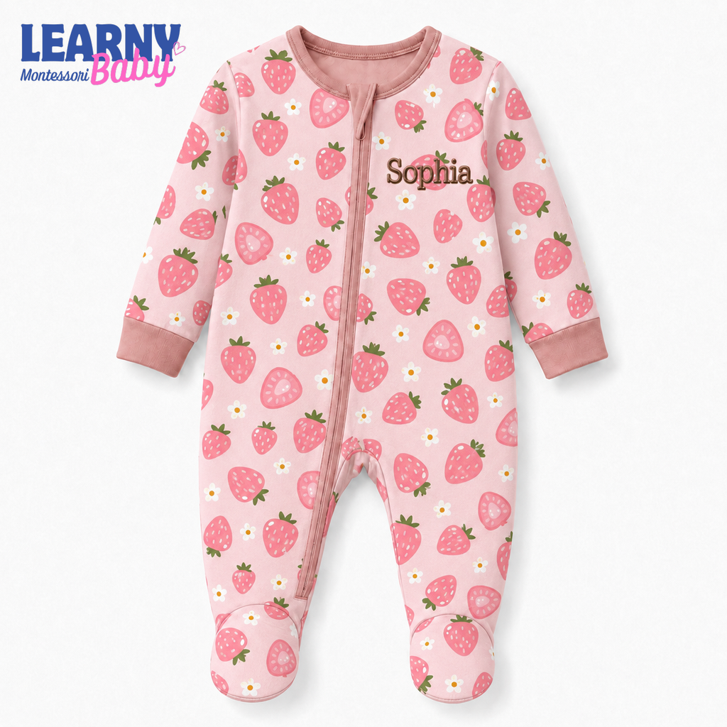 Personalized Strawberry Bamboo Footie Zippy for Baby, Strawberry Baby Pajamas, Custom Name Baby Sleeper