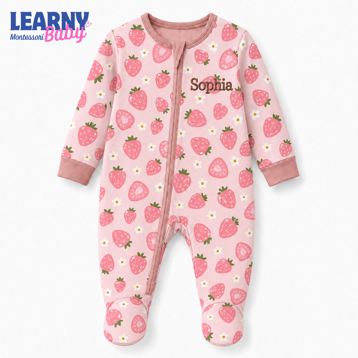 Personalized Strawberry Bamboo Footie Zippy for Baby, Strawberry Baby Pajamas, Custom Name Baby Sleeper