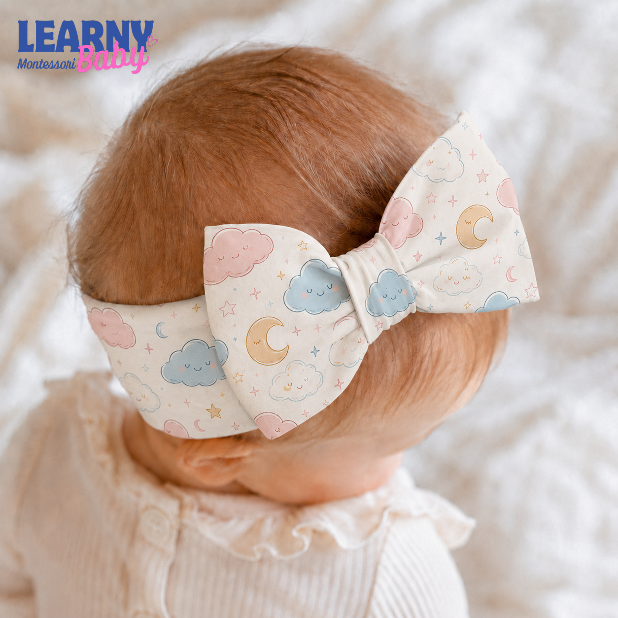 Cloud and Moon Bamboo Baby Bow Headband, Pastel Celestial Newborn Headwrap, Baby Girl Hair Accessory