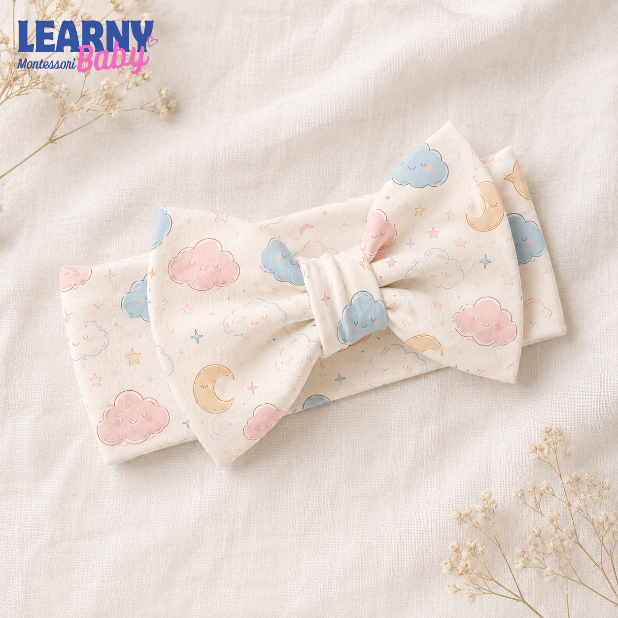 Cloud and Moon Bamboo Baby Bow Headband, Pastel Celestial Newborn Headwrap, Baby Girl Hair Accessory