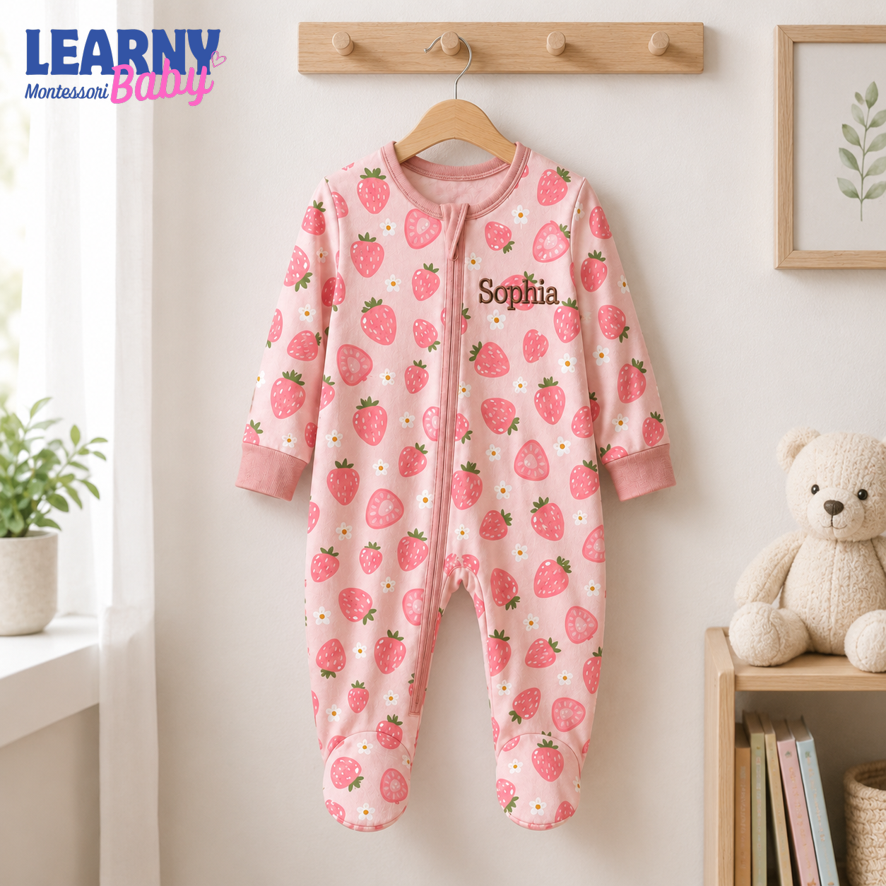 Personalized Strawberry Bamboo Footie Zippy for Baby, Strawberry Baby Pajamas, Custom Name Baby Sleeper