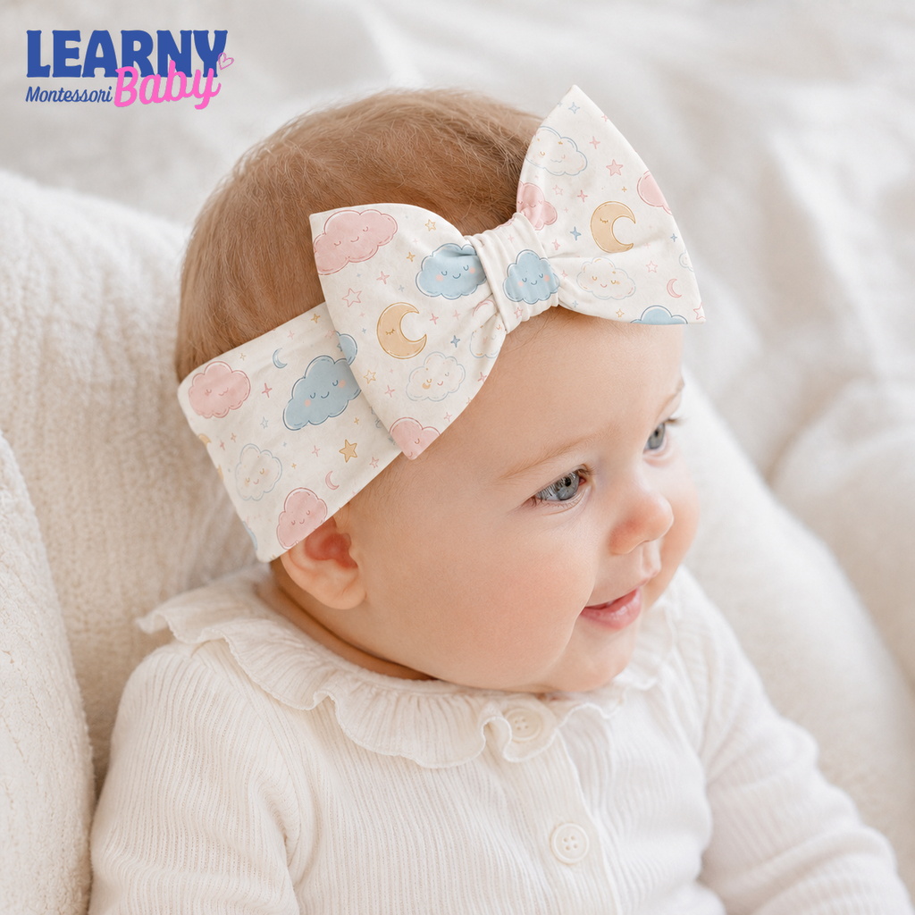 Cloud and Moon Bamboo Baby Bow Headband, Pastel Celestial Newborn Headwrap, Baby Girl Hair Accessory