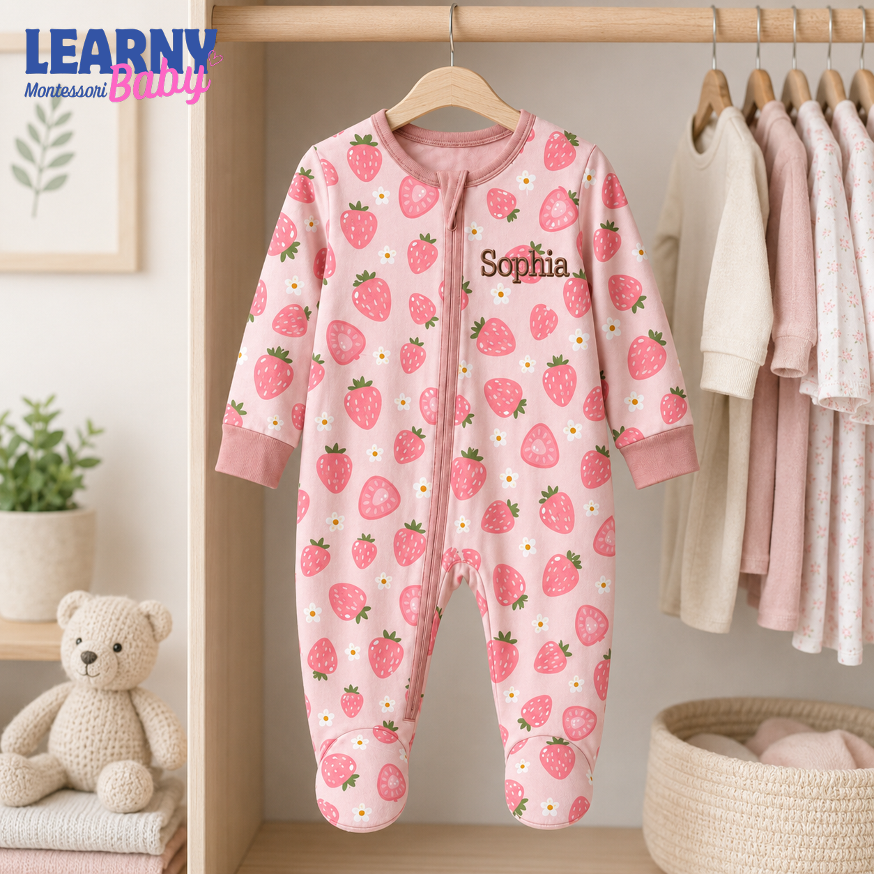 Personalized Strawberry Bamboo Footie Zippy for Baby, Strawberry Baby Pajamas, Custom Name Baby Sleeper