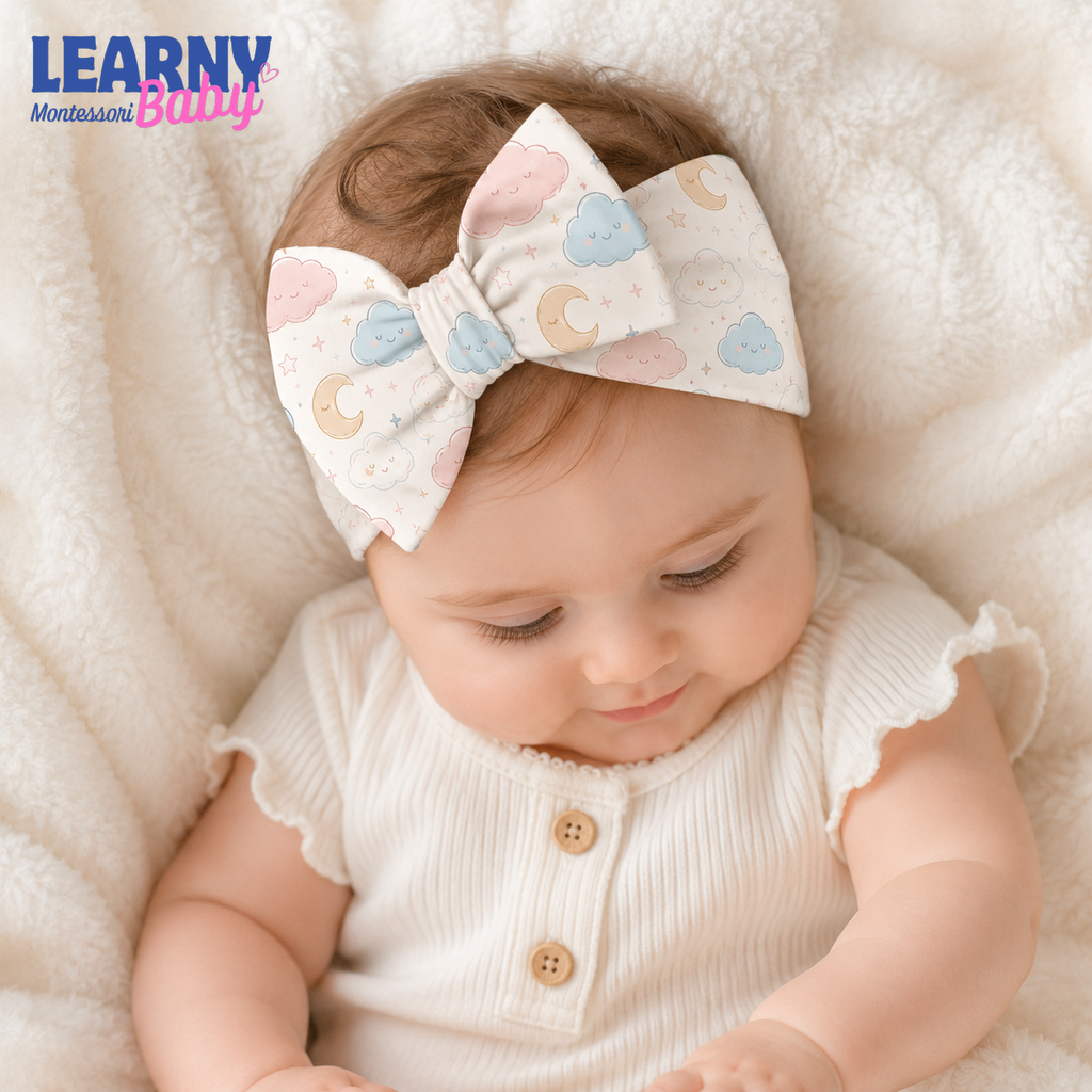 Cloud and Moon Bamboo Baby Bow Headband, Pastel Celestial Newborn Headwrap, Baby Girl Hair Accessory