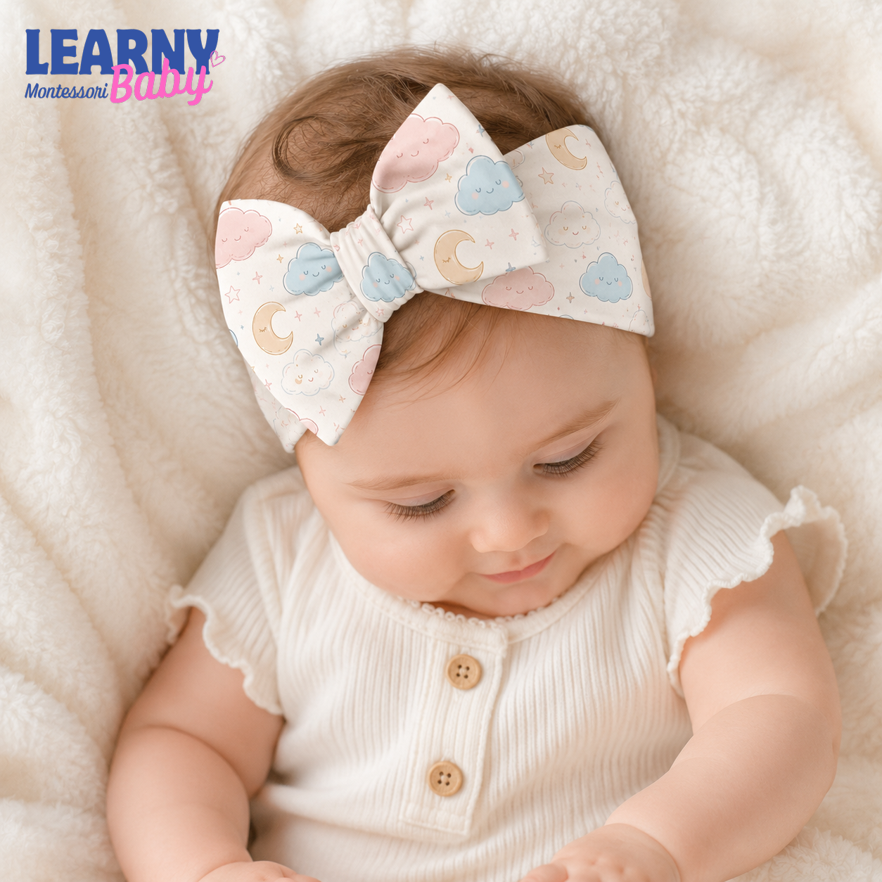 Cloud and Moon Bamboo Baby Bow Headband, Pastel Celestial Newborn Headwrap, Baby Girl Hair Accessory