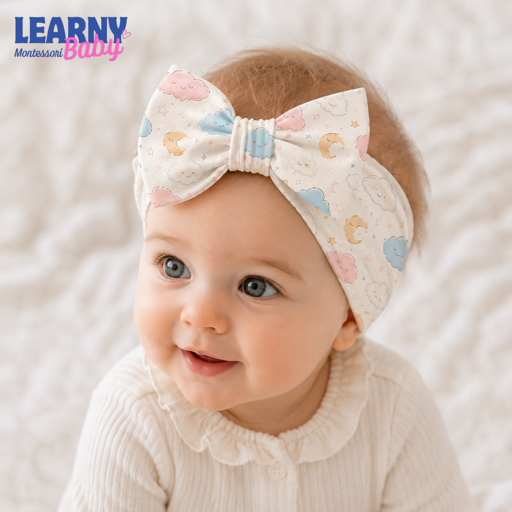 Cloud and Moon Bamboo Baby Bow Headband, Pastel Celestial Newborn Headwrap, Baby Girl Hair Accessory