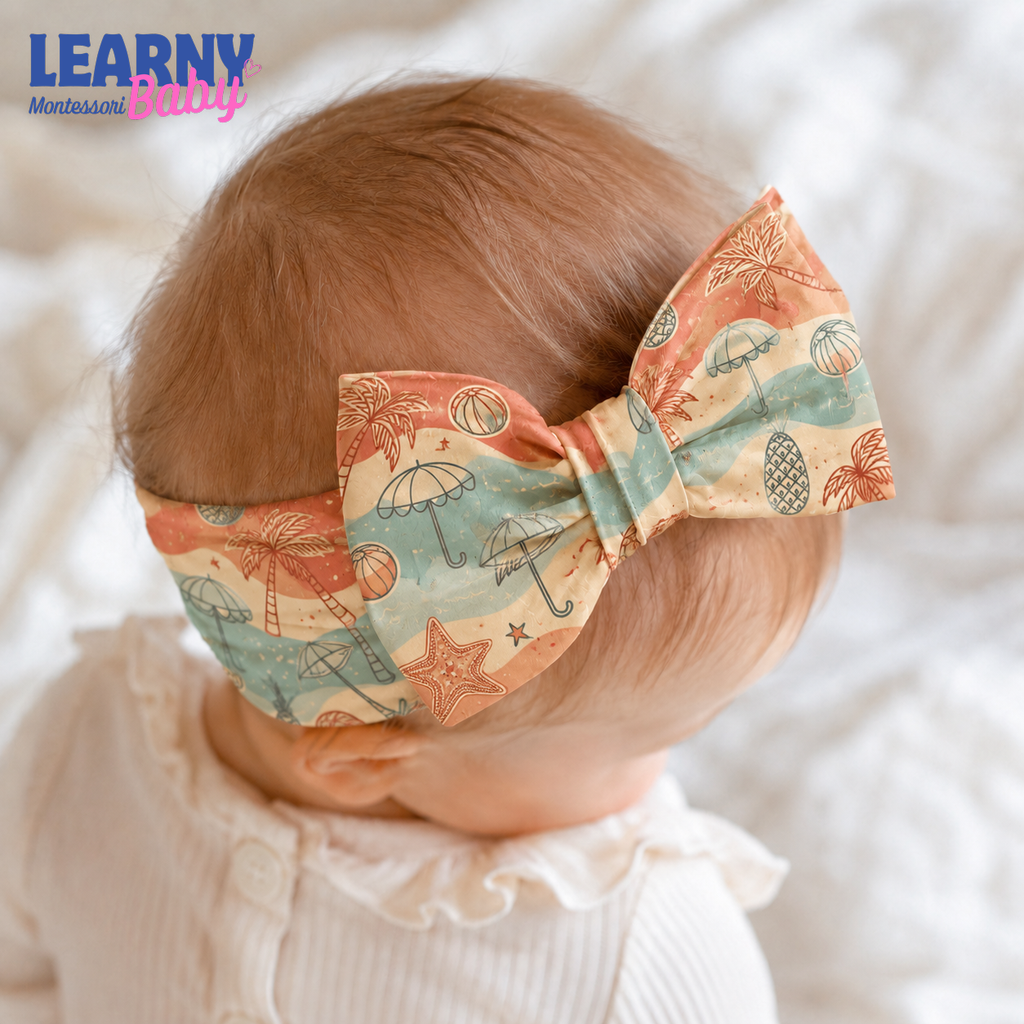 Tropical Beach Bamboo Baby Bow Headband, Palm Tree Newborn Headwrap, Coastal Summer Baby Girl Hair Accessory