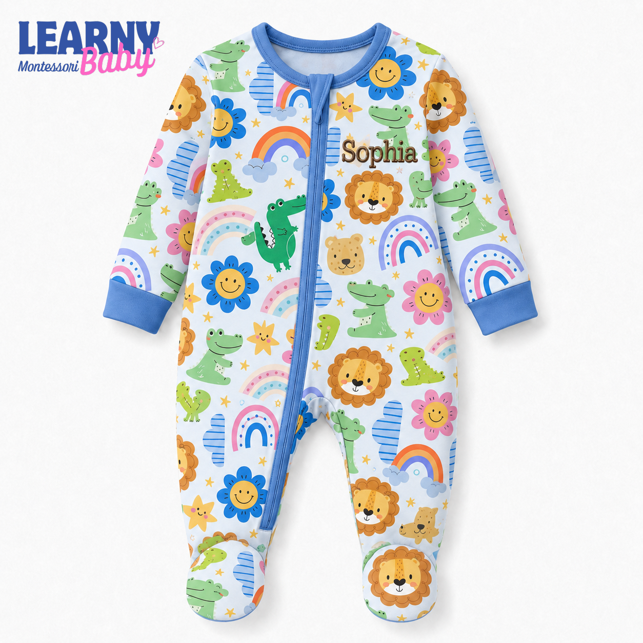 Personalized Safari Animals Bamboo Footie Zippy for Baby, Lion Crocodile Baby Pajamas, Rainbow Baby Sleeper