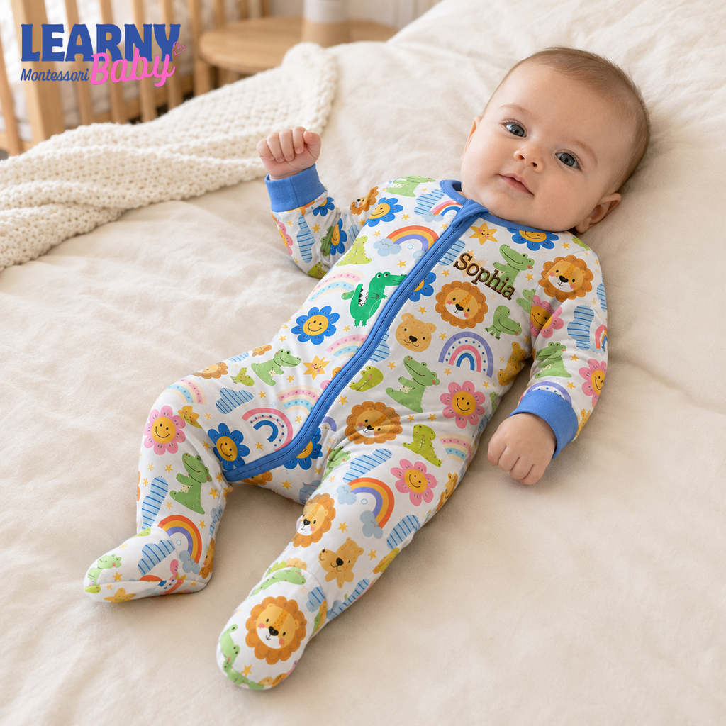 Personalized Safari Animals Bamboo Footie Zippy for Baby, Lion Crocodile Baby Pajamas, Rainbow Baby Sleeper