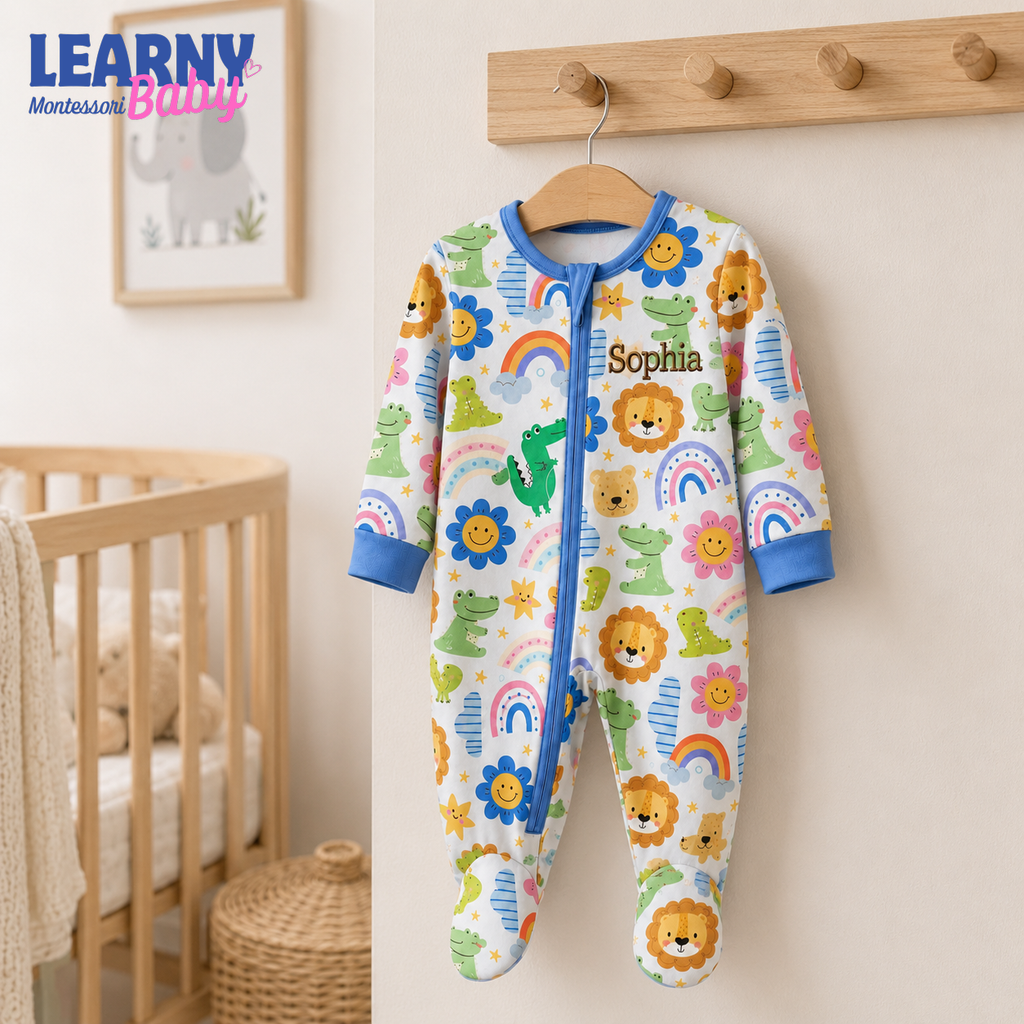 Personalized Safari Animals Bamboo Footie Zippy for Baby, Lion Crocodile Baby Pajamas, Rainbow Baby Sleeper