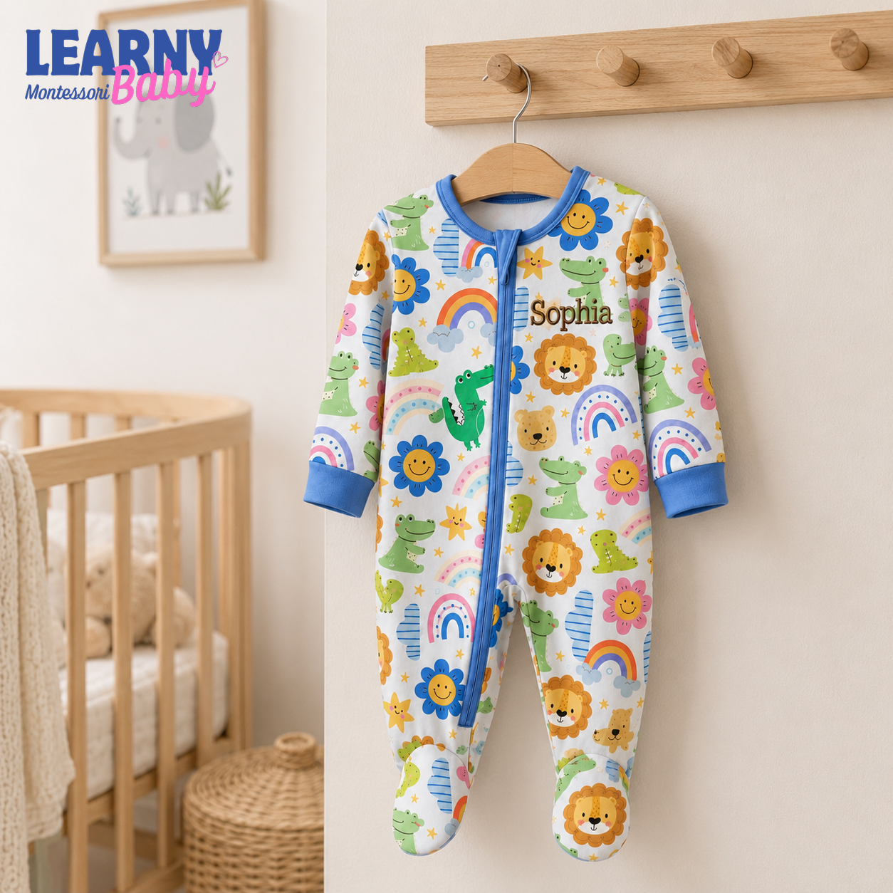 Personalized Safari Animals Bamboo Footie Zippy for Baby, Lion Crocodile Baby Pajamas, Rainbow Baby Sleeper