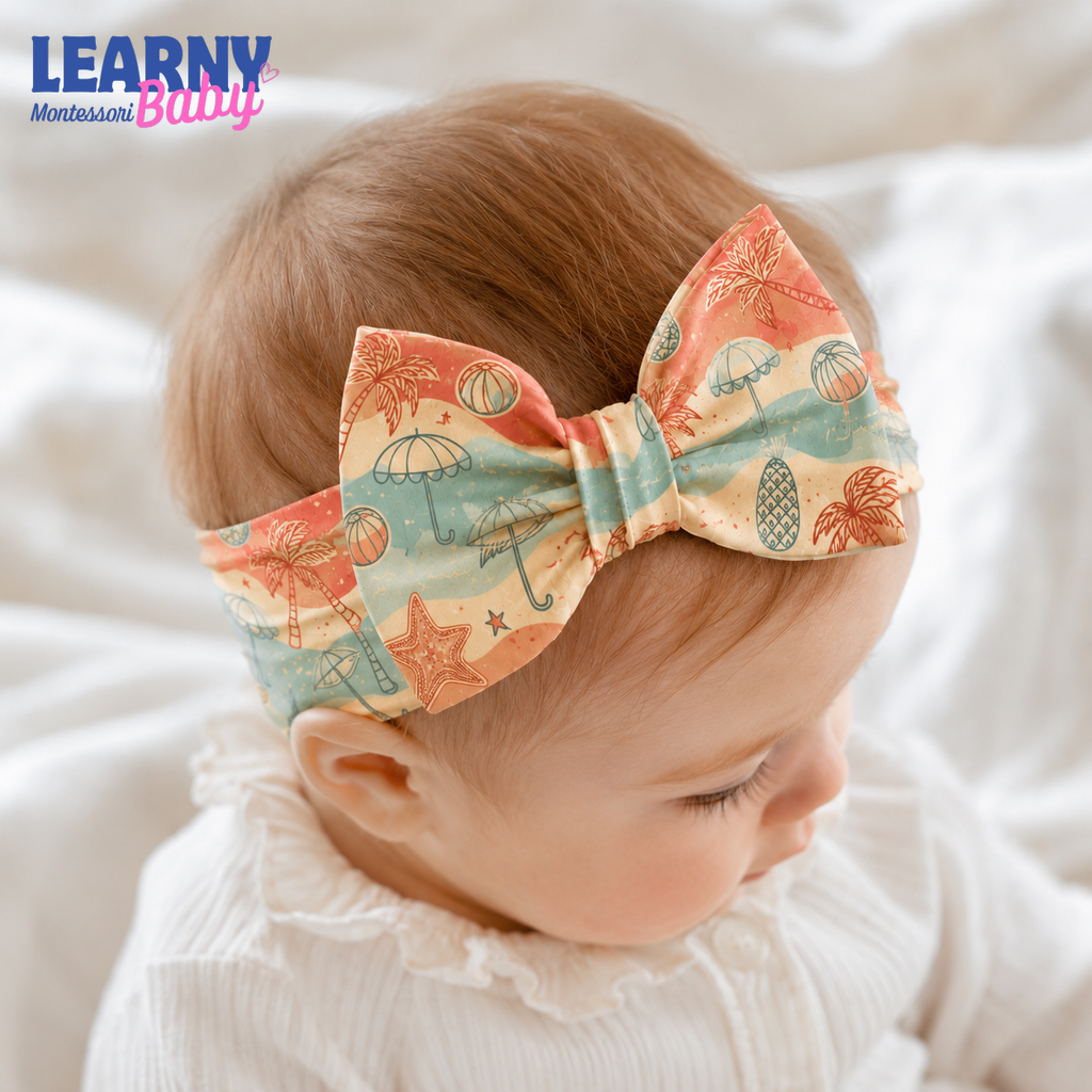 Tropical Beach Bamboo Baby Bow Headband, Palm Tree Newborn Headwrap, Coastal Summer Baby Girl Hair Accessory