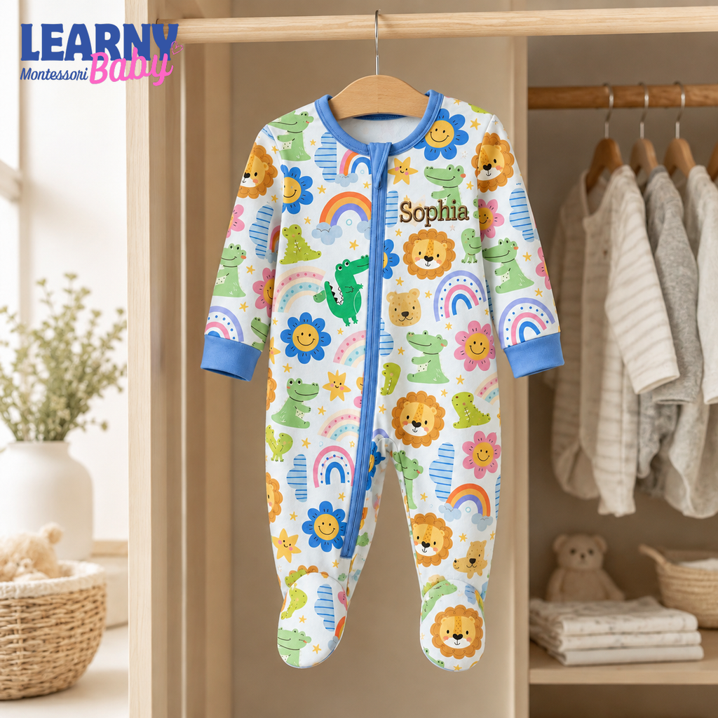 Personalized Safari Animals Bamboo Footie Zippy for Baby, Lion Crocodile Baby Pajamas, Rainbow Baby Sleeper