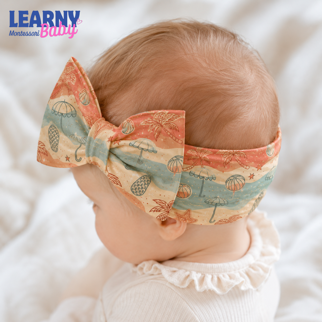 Tropical Beach Bamboo Baby Bow Headband, Palm Tree Newborn Headwrap, Coastal Summer Baby Girl Hair Accessory